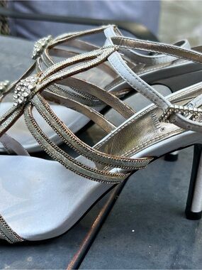 Silver Rhinestone Strappy Mid-Heel Sandals